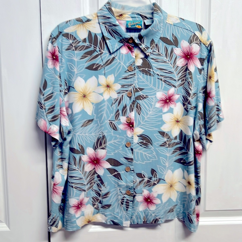 Bahama Beach Blue Multi Color Floral Print short Sleeve Top Size XL